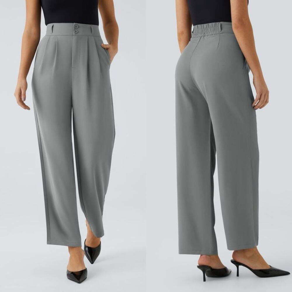 Halara High Waisted Button Zipper Side Pocket Shirred Straight Leg Work Pants XL